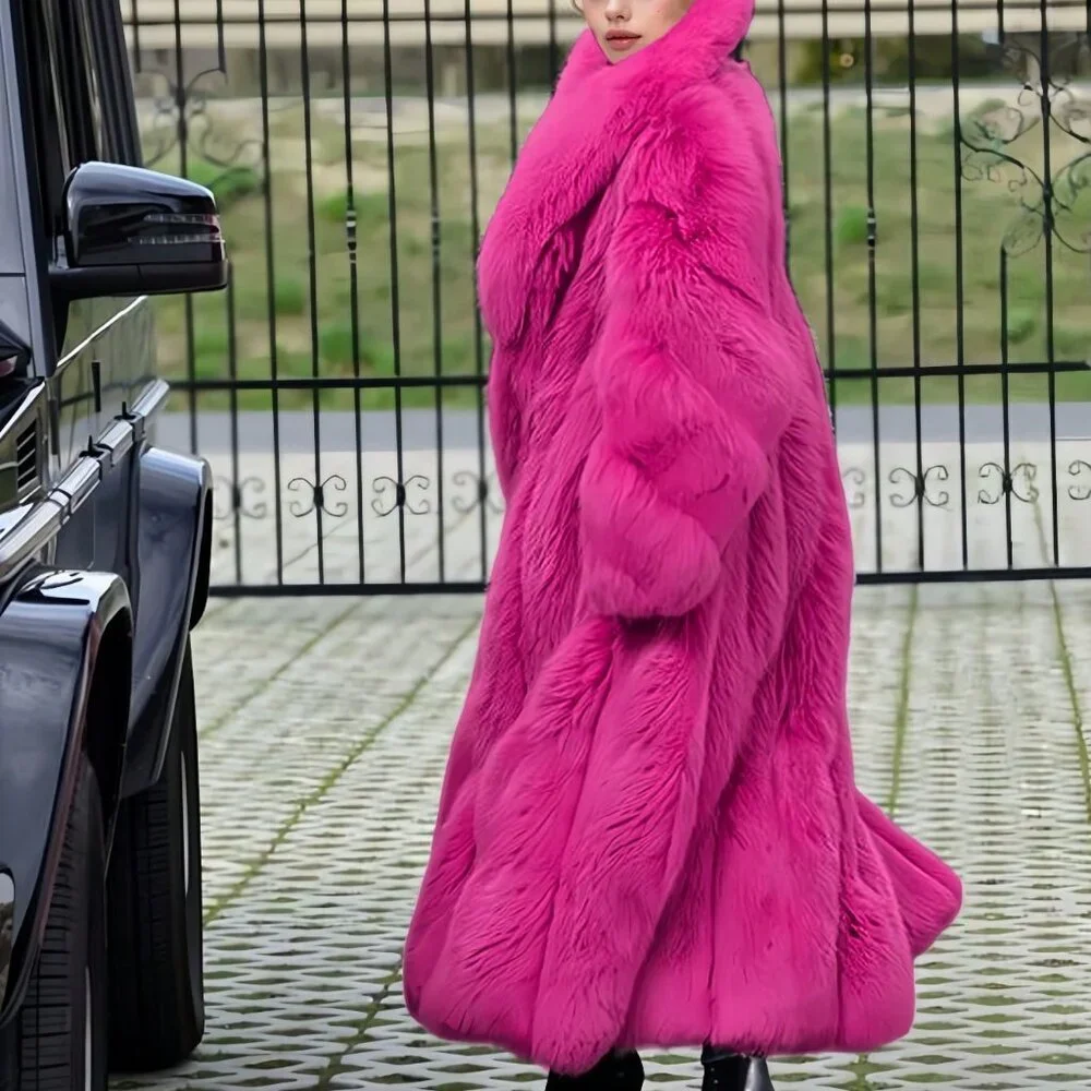 Fuchsia Women's Waterfall Neckline Long Faux Fur Coat - Picture 6 of 8
